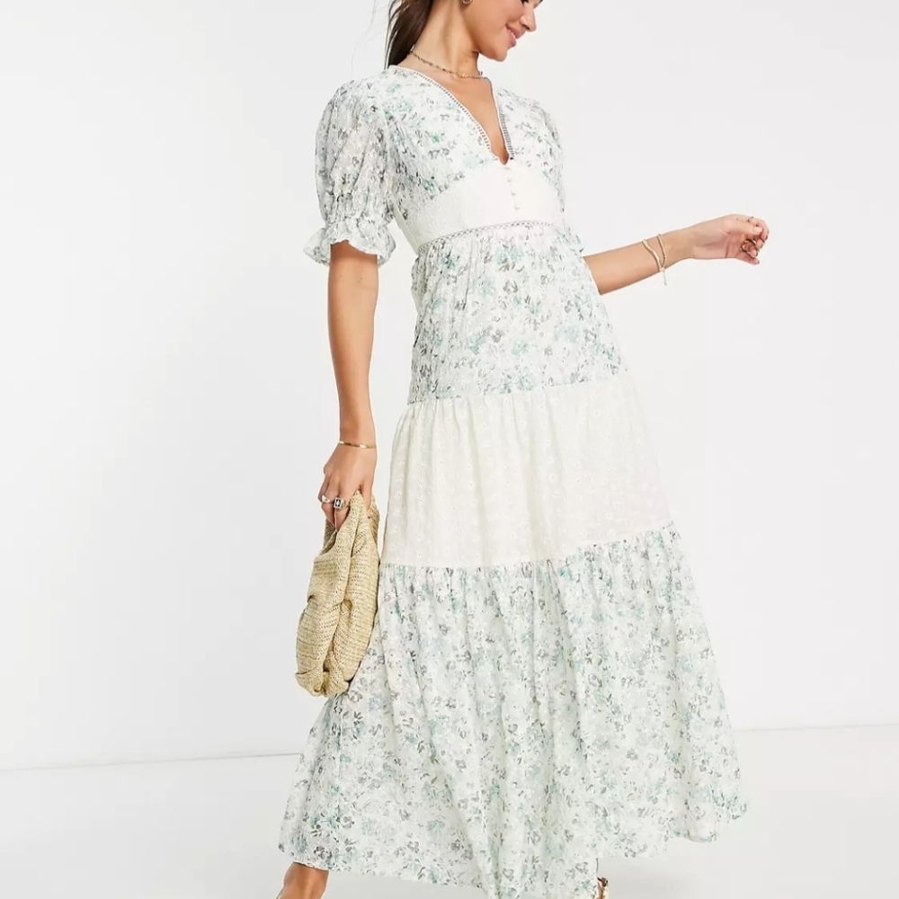 Asos Design Eyelet Tiered Midi Tea Dress In Mixed Ditsy Print size 10